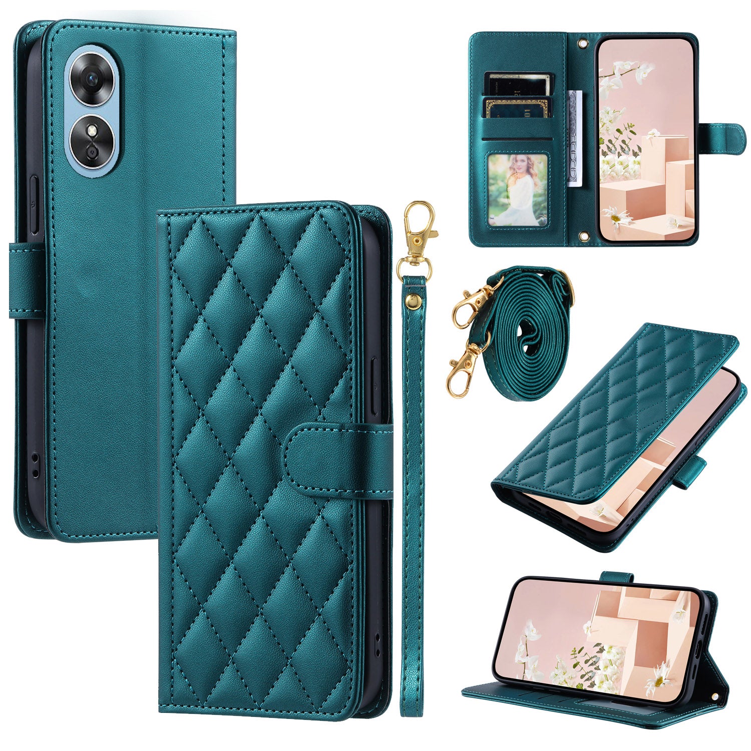 For Oppo A38 4G / A18 4G Case with Crossbody Strap Rhombus Pattern Stand PU Leather Phone Cover For Oppo A38 4G / A18 4G Case with Crossbody Strap Rhombus Pattern Stand PU Leather Phone Cover